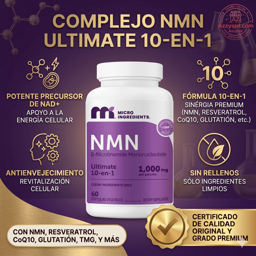 🧬Complejo NMN 10 en 1 de 1000 mg (60 Cápsulas) | Con Mononucleótido de Nicotinamida, Resveratrol, CoQ10, Quercetina y Glutatión | Potente Precursor para Energía Celular y Antienvejecimiento🌿