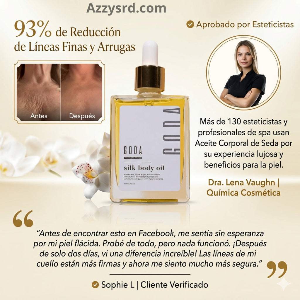 ✨ GODA Aceite Corporal de Seda™ | Reafirma, Ilumina e Hidrata Intensamente la Piel ✨ 🌸 Fórmula Antiedad de Lujo que Ayuda a Mejorar la Elasticidad, Suavizar la Apariencia de la Piel y Dejar un Acabado Sedoso y Radiante.